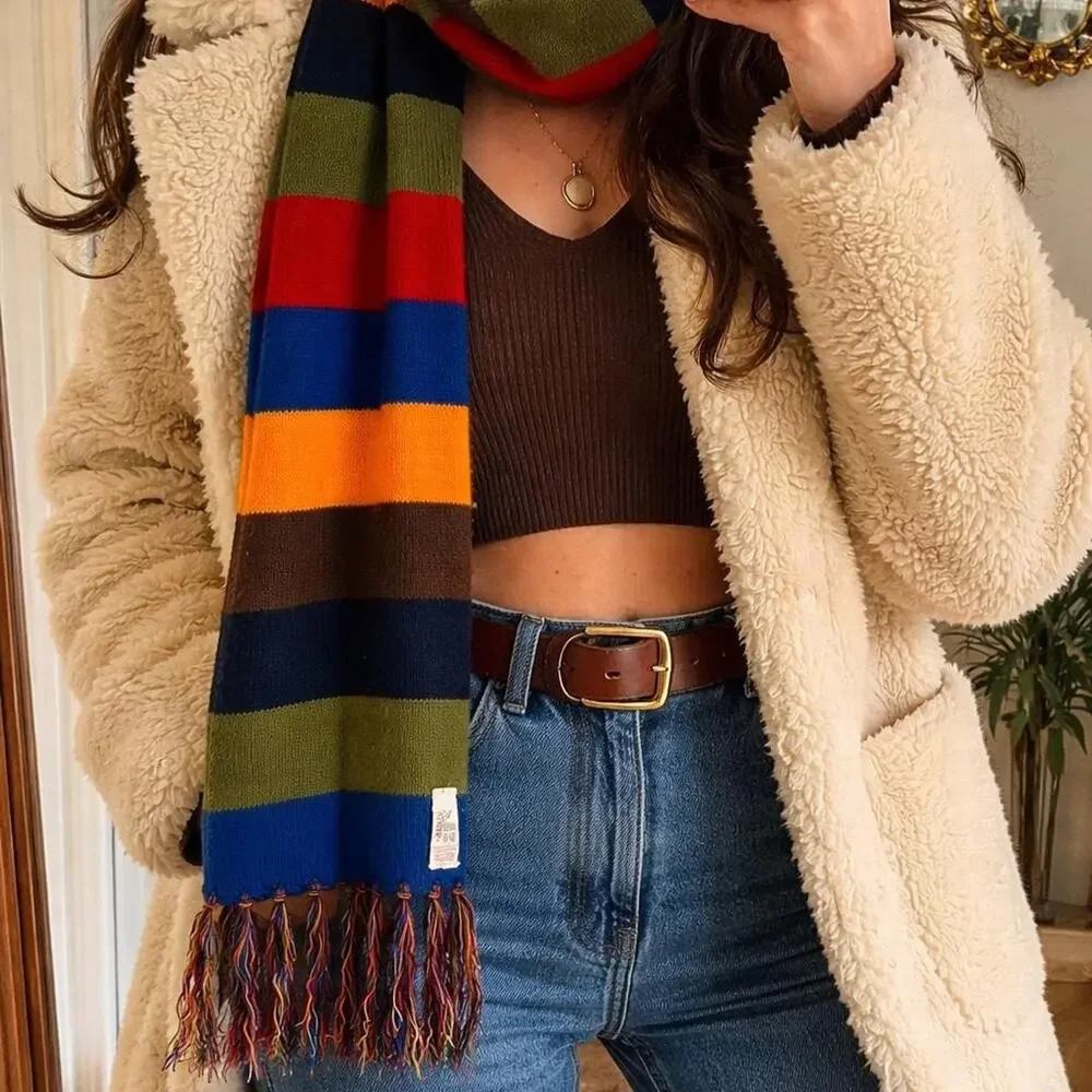 Cozy Vintage‎ 1970s multicolor knit scarf by Six Footer classic rainbow unisex
